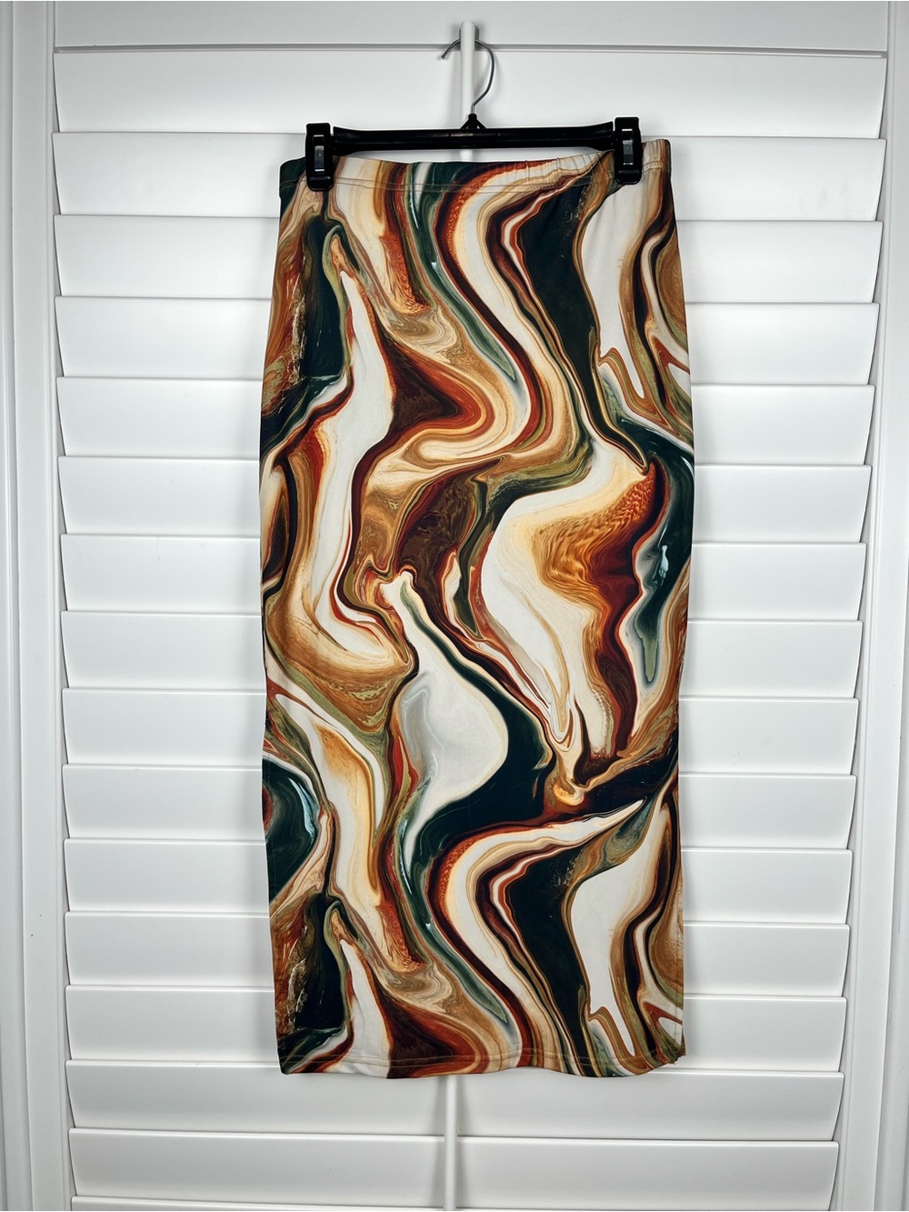 Abstract Swirl Midi Skirt in Cream, Brown & Green size large Y2K retro chic